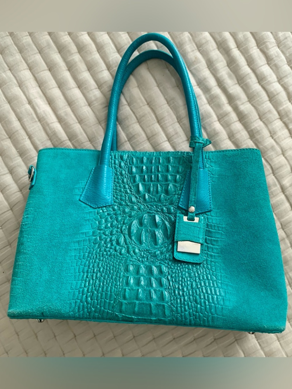 Mila Blu Italian Croc Embossed Leather Satchel Shoulder Bag Turquoise Teal blue - Picture 6 of 14